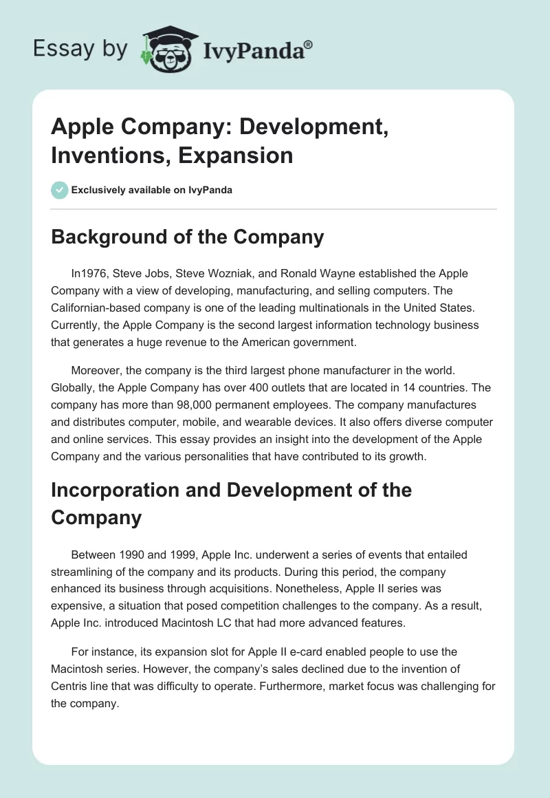 Apple Company: Development, Inventions, Expansion. Page 1