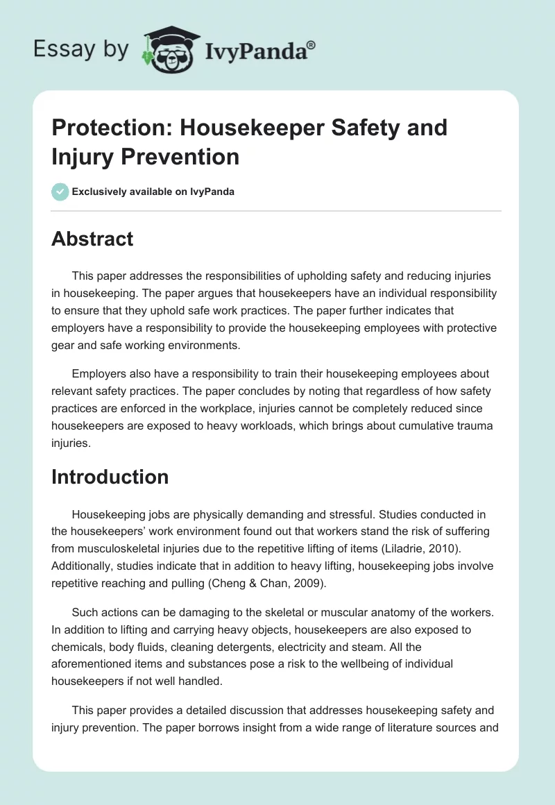 Protection: Housekeeper Safety and Injury Prevention. Page 1