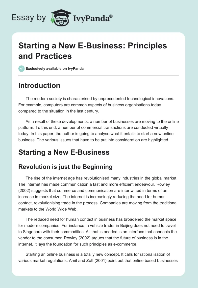 Starting a New E-Business: Principles and Practices. Page 1