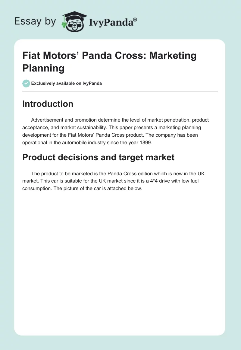 Fiat Motors’ Panda Cross: Marketing Planning. Page 1