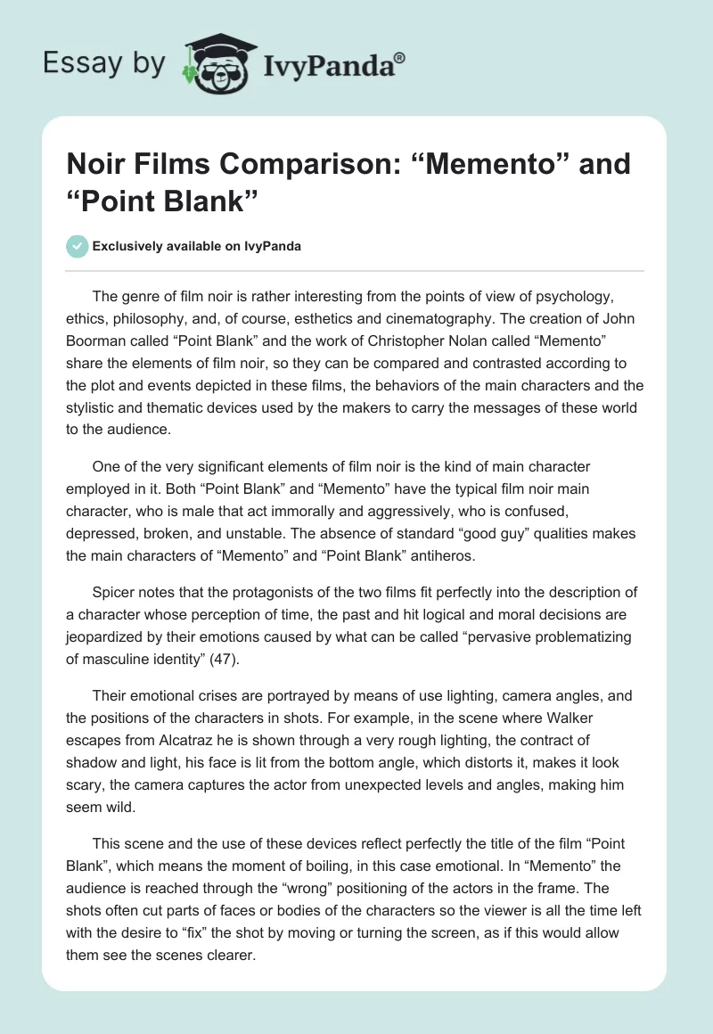 Noir Films Comparison: “Memento” and “Point Blank”. Page 1