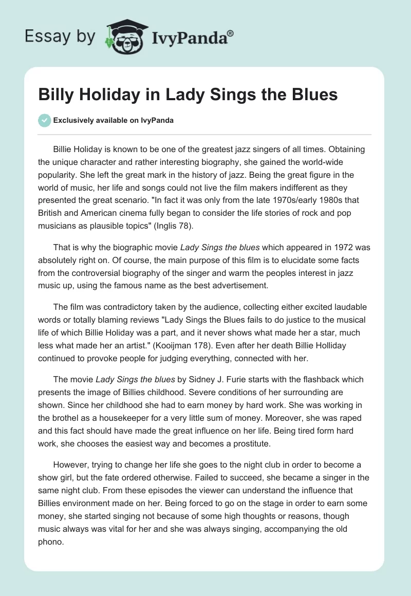 Billy Holiday in "Lady Sings the Blues". Page 1