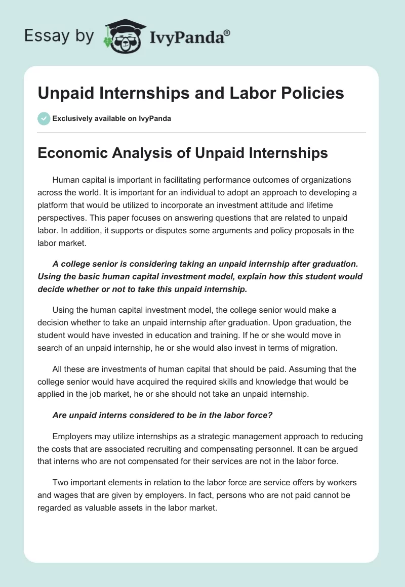Unpaid Internships and Labor Policies. Page 1