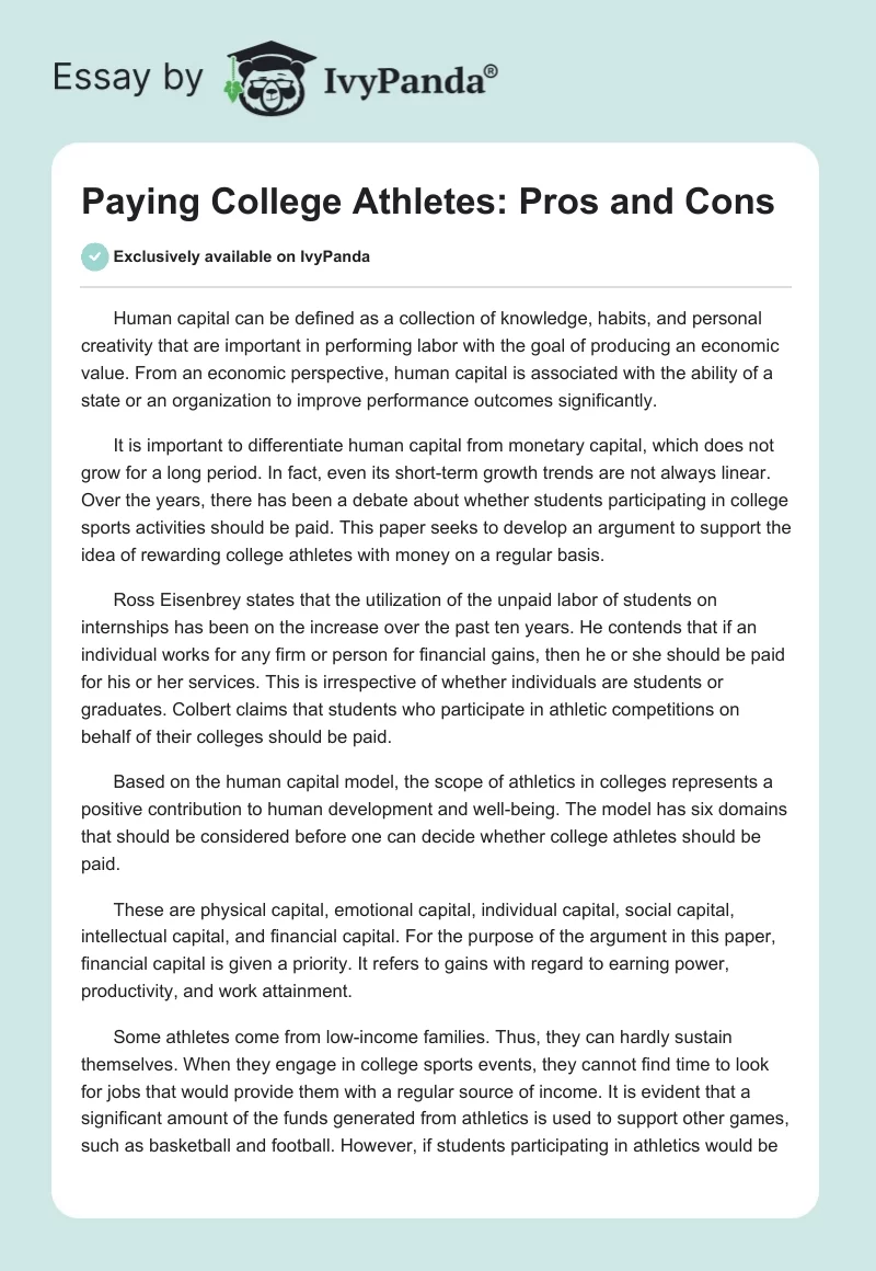 Paying College Athletes: Pros and Cons. Page 1
