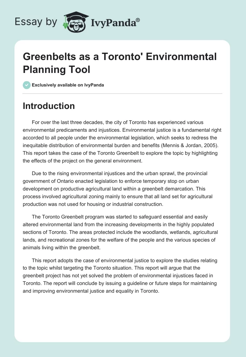 Greenbelts as a Toronto' Environmental Planning Tool. Page 1