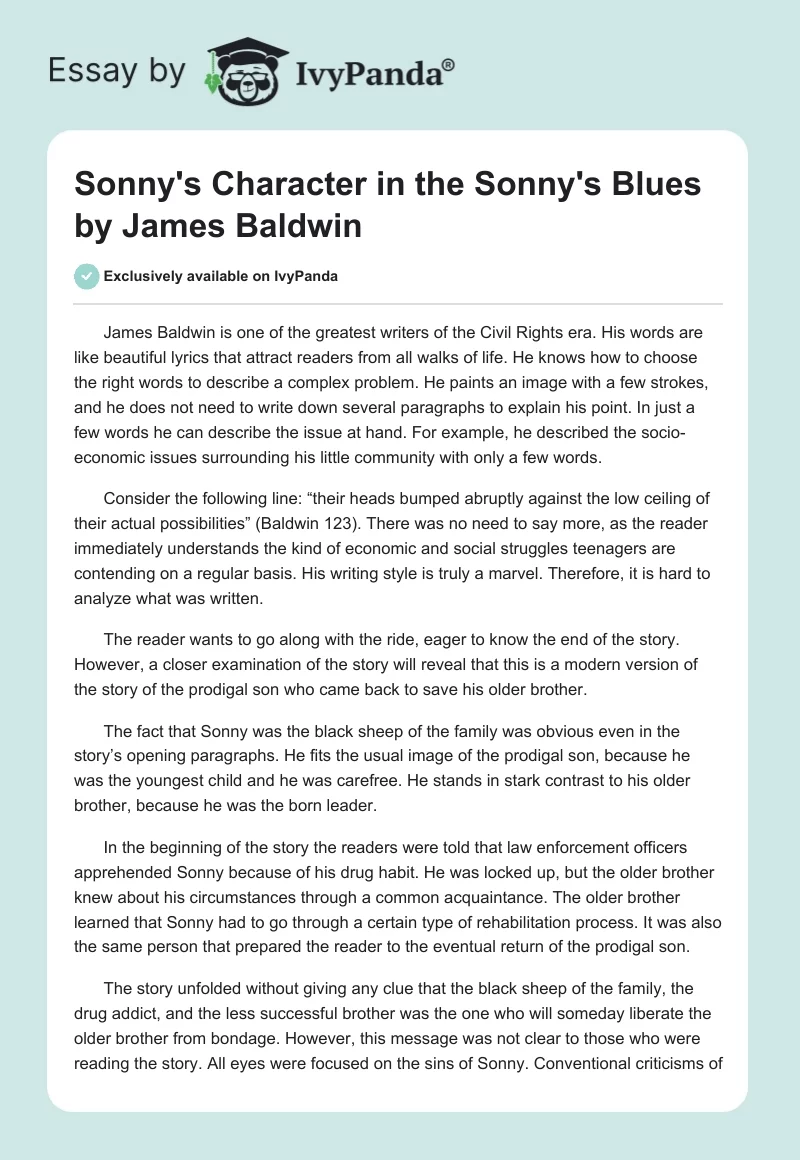 Sonny's Character in the "Sonny's Blues" by James Baldwin. Page 1