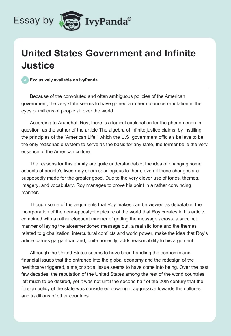 United States Government and Infinite Justice. Page 1