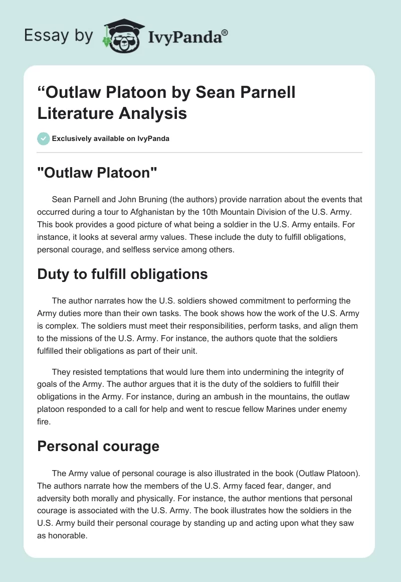 “Outlaw Platoon" by Sean Parnell Literature Analysis. Page 1
