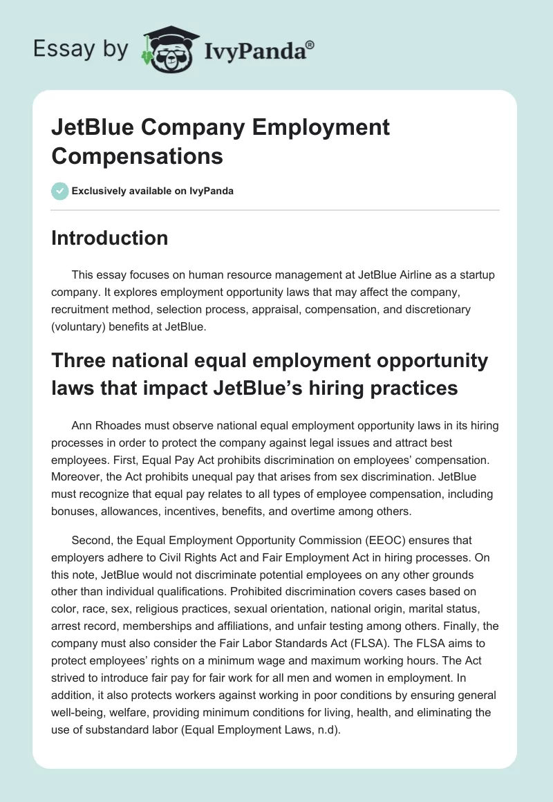 JetBlue Company Employment Compensations. Page 1