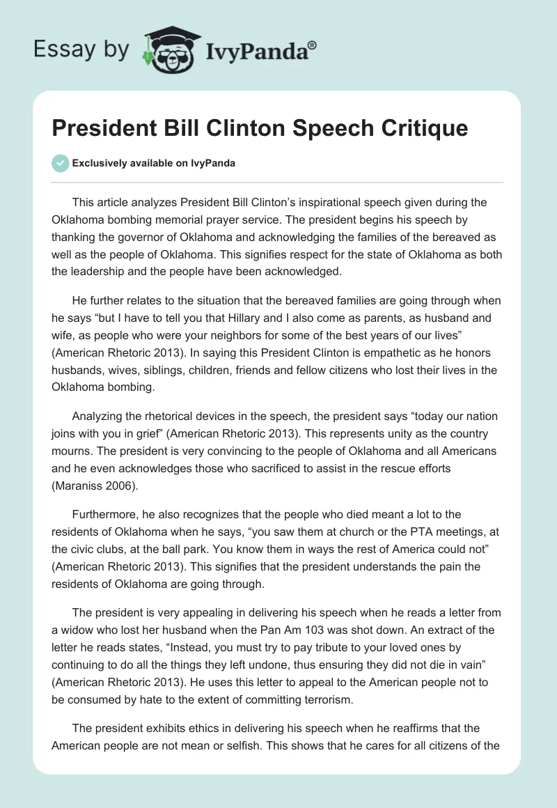 President Bill Clinton Speech Critique. Page 1