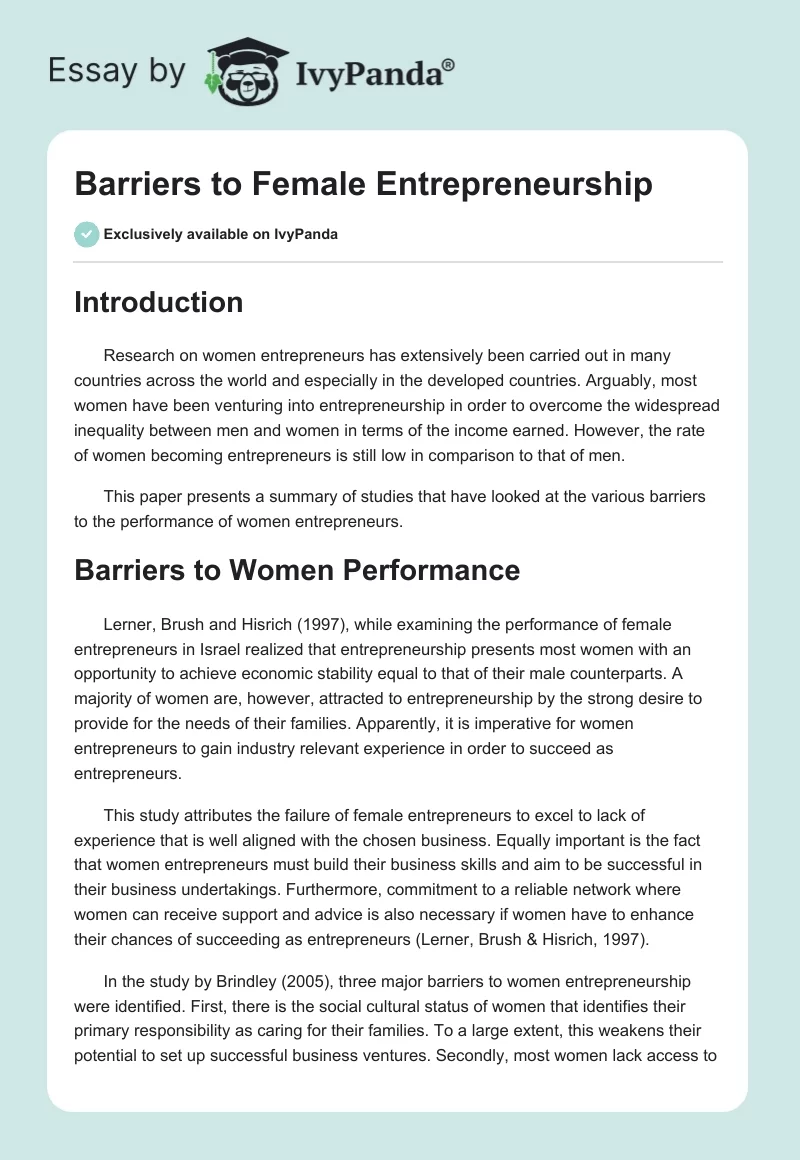Barriers to Female Entrepreneurship. Page 1