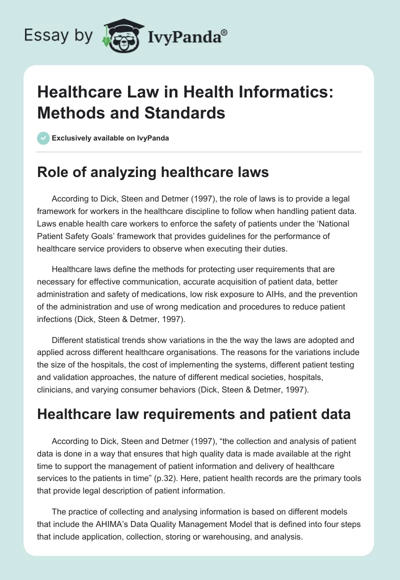 Healthcare Law in Health Informatics: Methods and Standards. Page 1