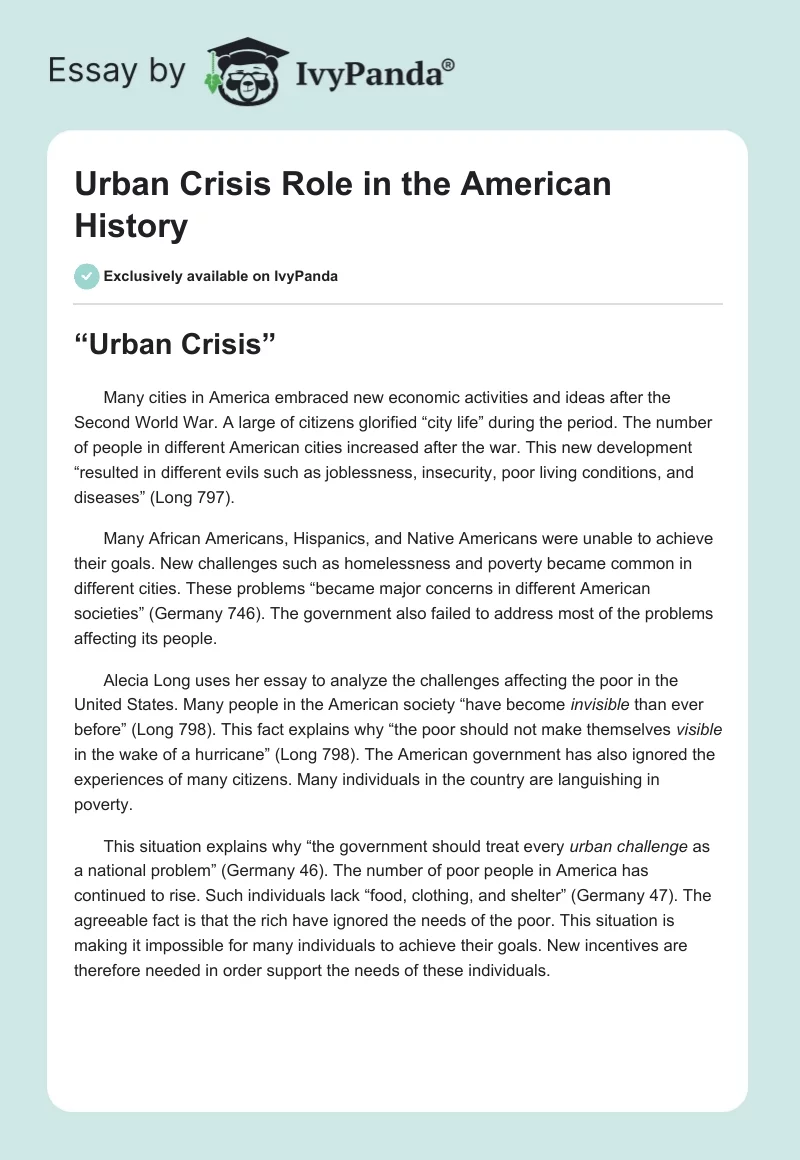 Urban Crisis Role in the American History. Page 1