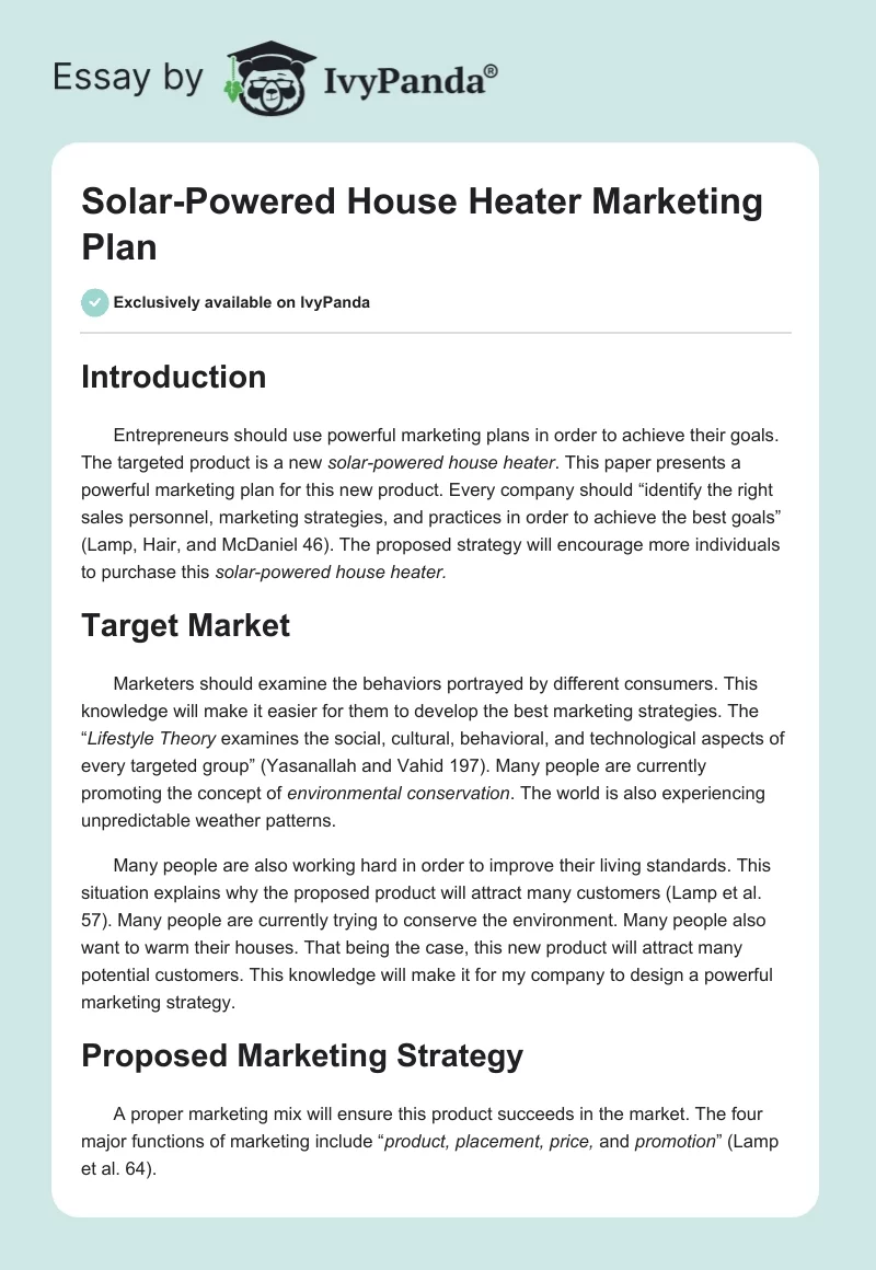 Solar-Powered House Heater Marketing Plan. Page 1