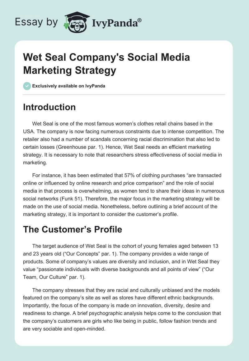 Wet Seal Company's Social Media Marketing Strategy. Page 1