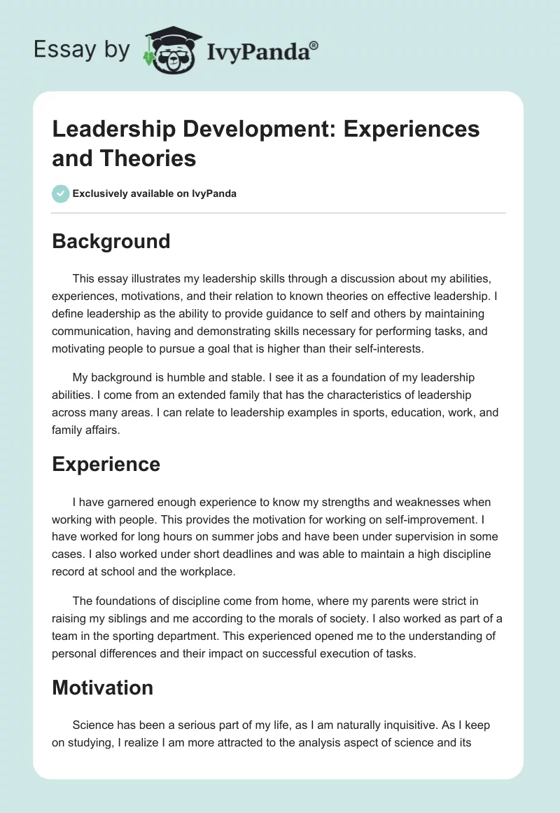 Leadership Development: Experiences and Theories. Page 1