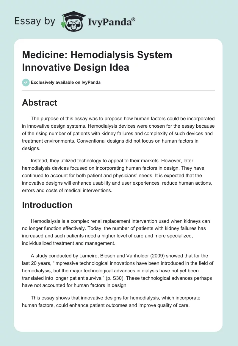 Medicine: Hemodialysis System Innovative Design Idea. Page 1
