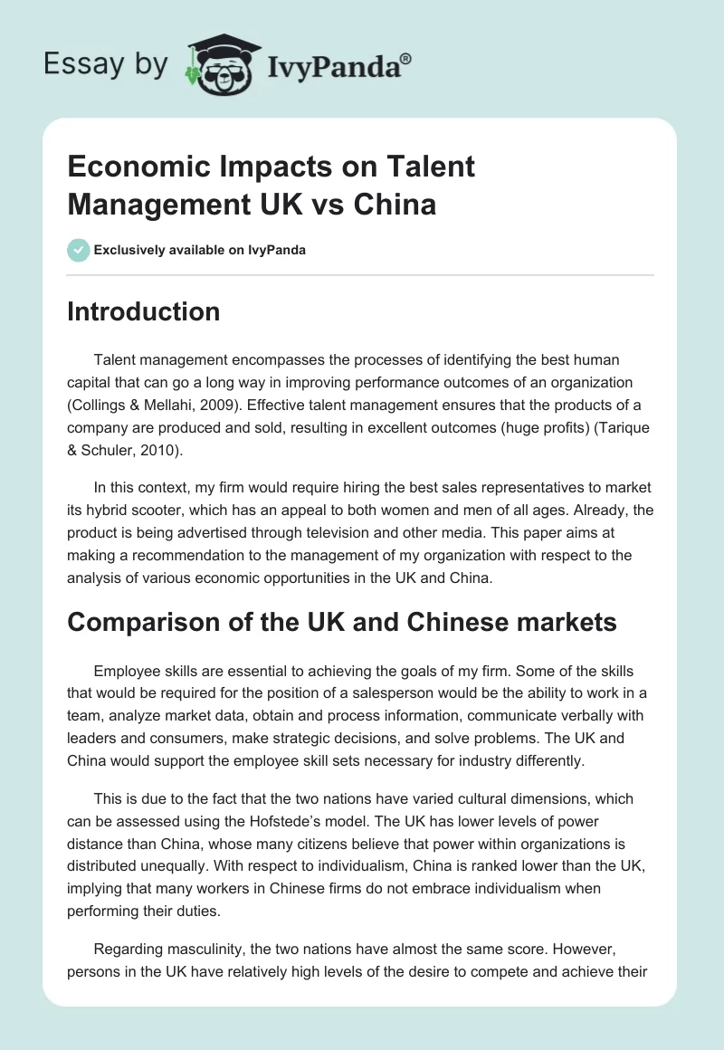 Economic Impacts on Talent Management UK vs China. Page 1