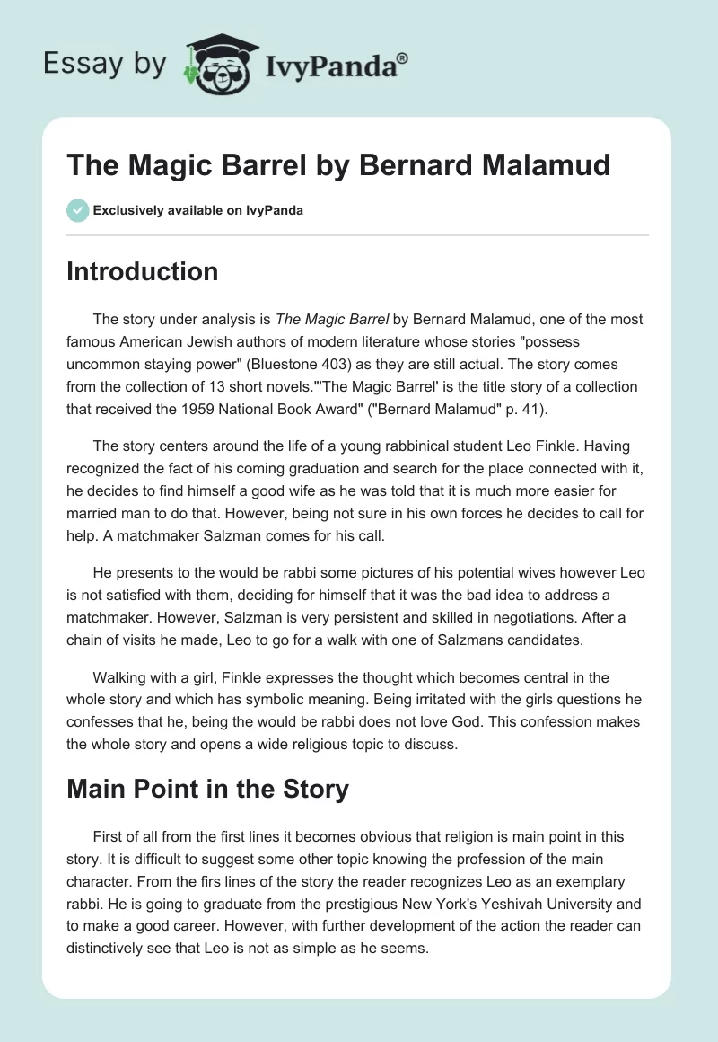 The Magic Barrel by Bernard Malamud. Page 1