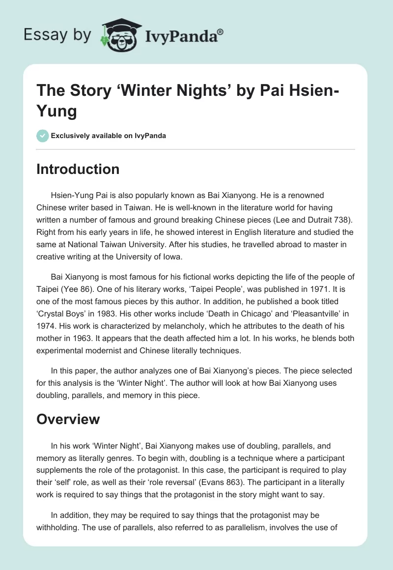 The Story ‘Winter Nights’ by Pai Hsien-Yung. Page 1