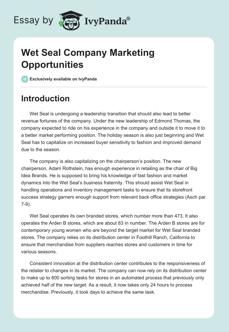 Wet Seal Company Marketing Opportunities. Page 1