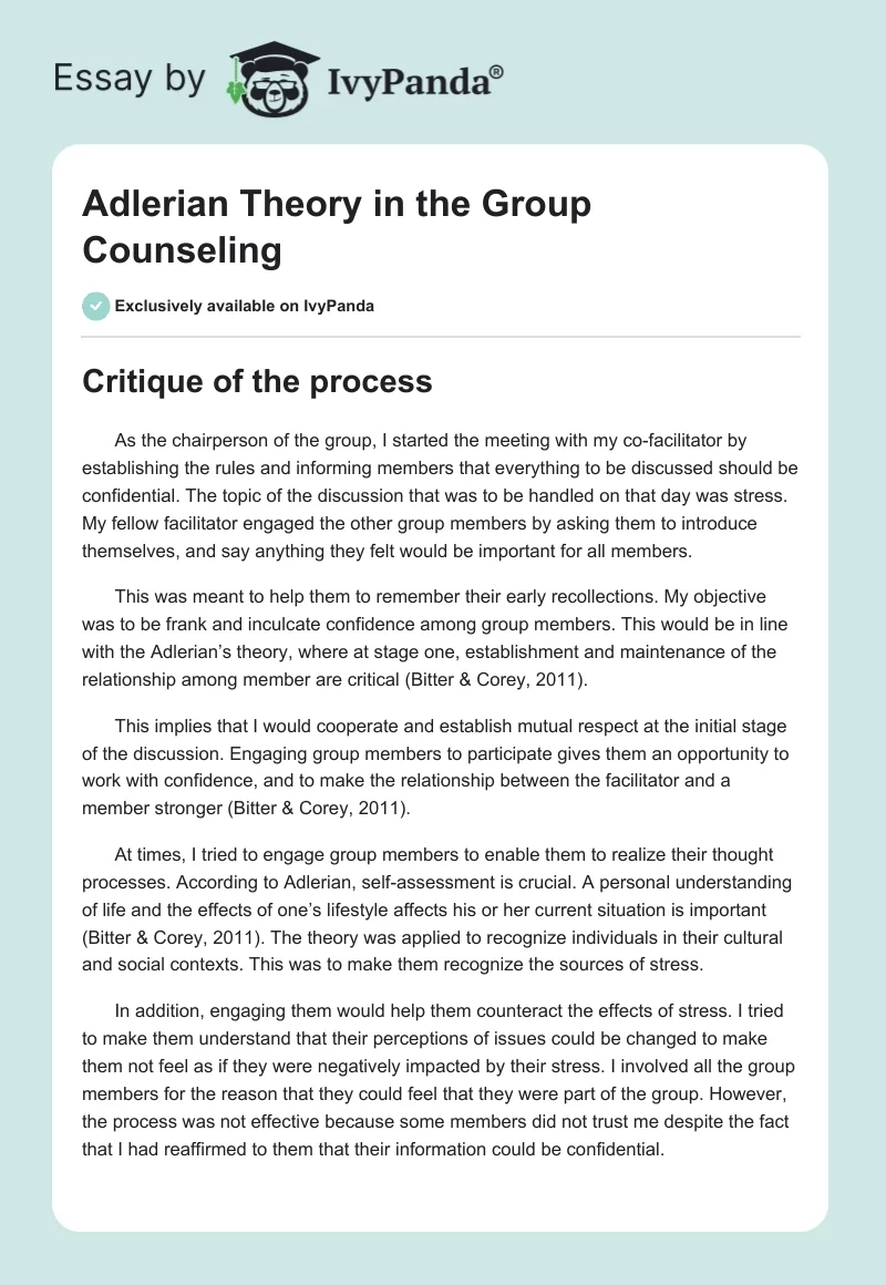 Adlerian Theory in the Group Counseling. Page 1