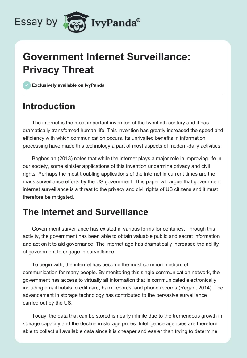 Government Internet Surveillance: Privacy Threat. Page 1