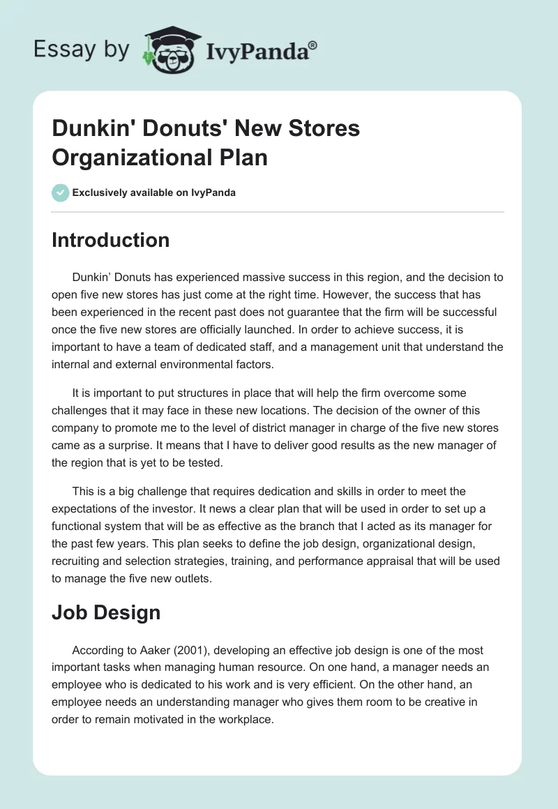 Dunkin' Donuts' New Stores Organizational Plan. Page 1