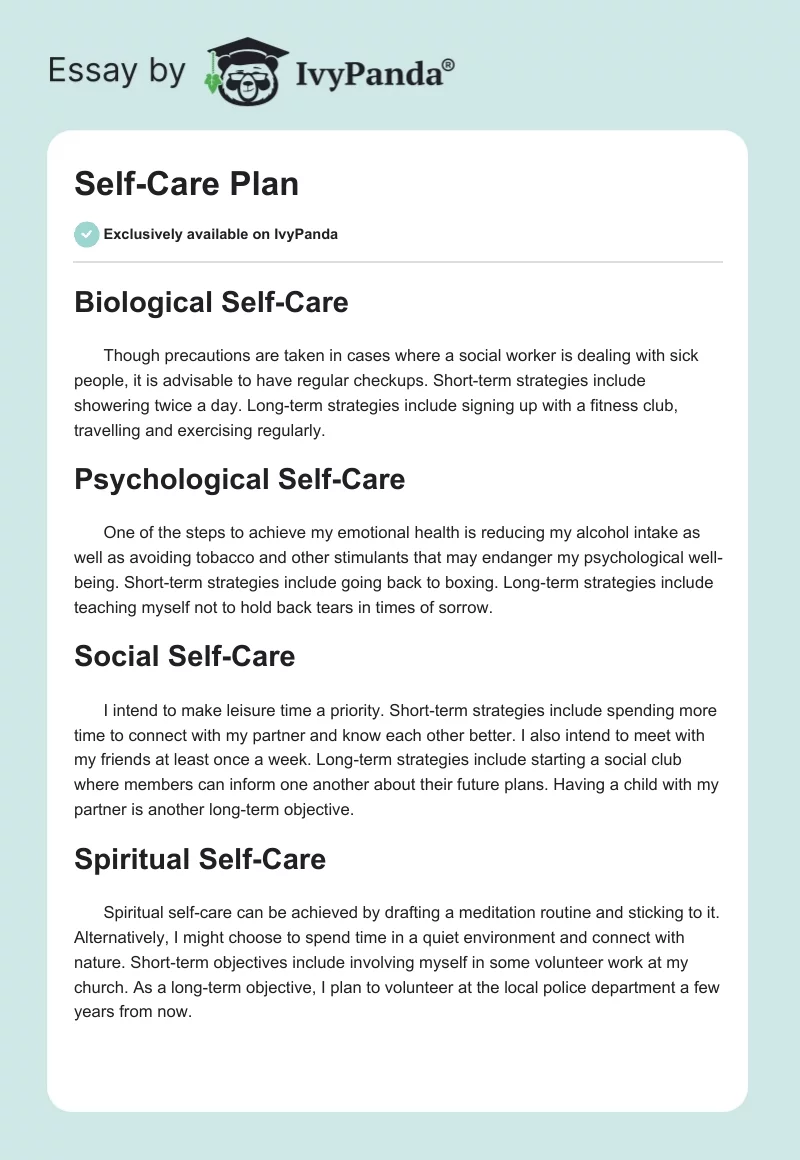 Self-Care Plan. Page 1