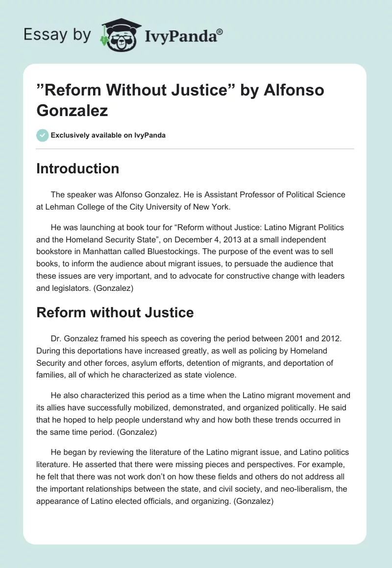 ”Reform Without Justice” by Alfonso Gonzalez. Page 1