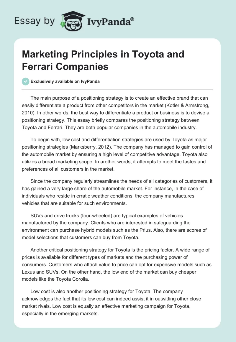 Marketing Principles in Toyota and Ferrari Companies. Page 1