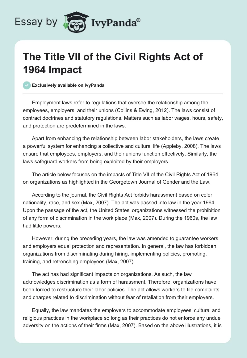 The Title VII of the Civil Rights Act of 1964 Impact. Page 1