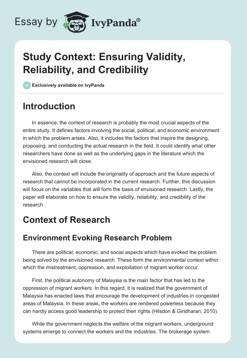 Study Context: Ensuring Validity, Reliability, and Credibility. Page 1