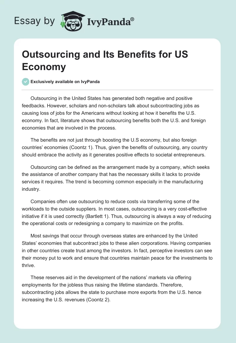 Outsourcing and Its Benefits for US Economy. Page 1