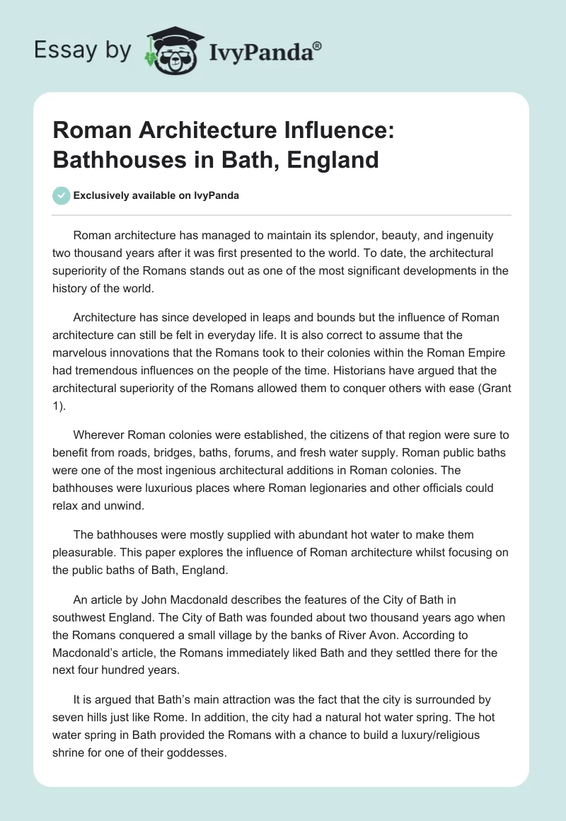 Roman Architecture Influence: Bathhouses in Bath, England. Page 1
