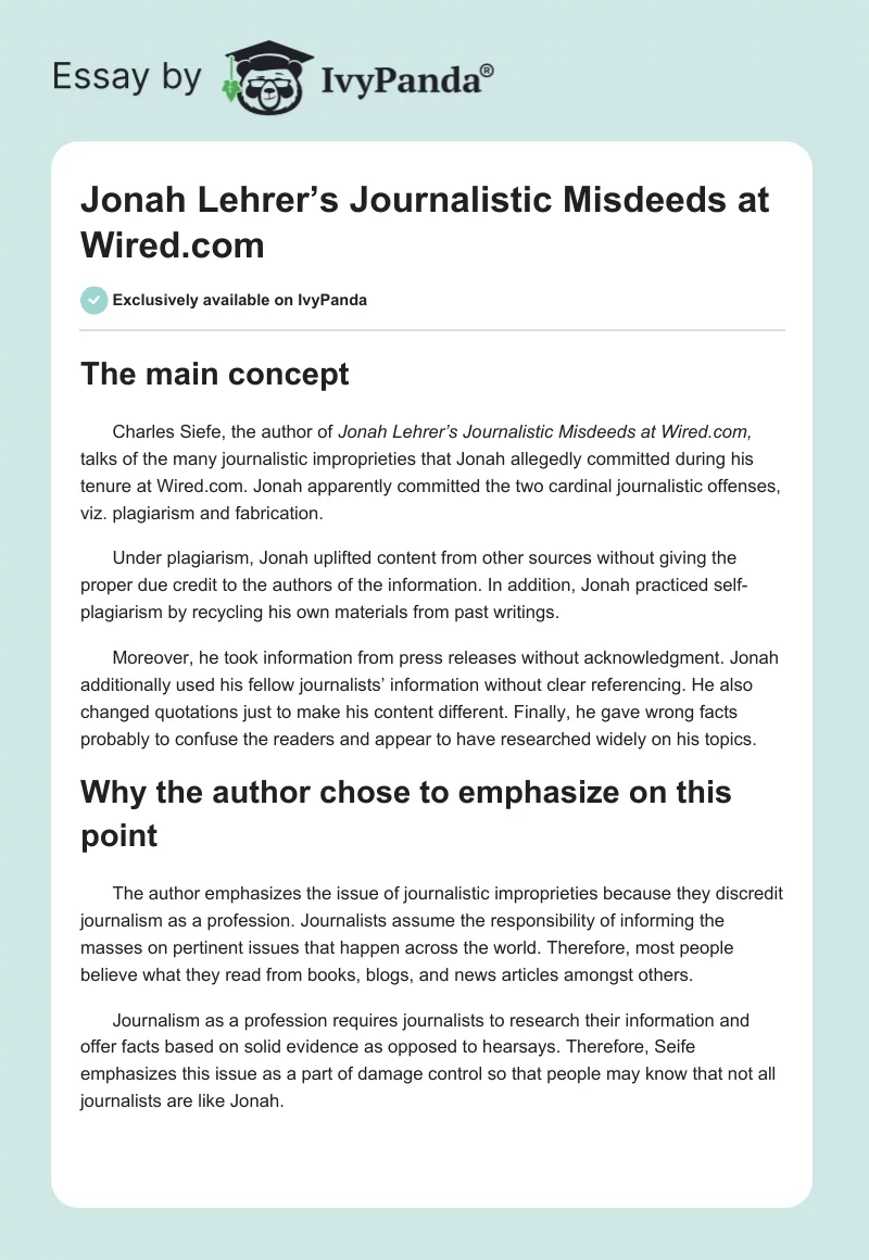 Jonah Lehrer’s Journalistic Misdeeds at Wired.com. Page 1