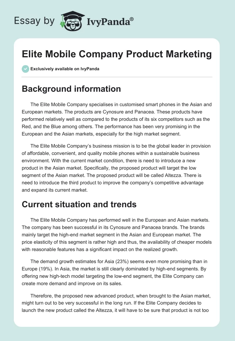 Elite Mobile Company Product Marketing. Page 1