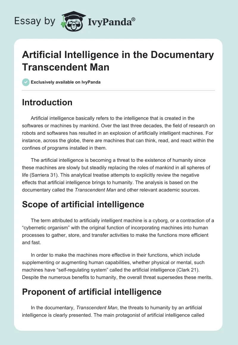 Artificial Intelligence in the Documentary "Transcendent Man". Page 1