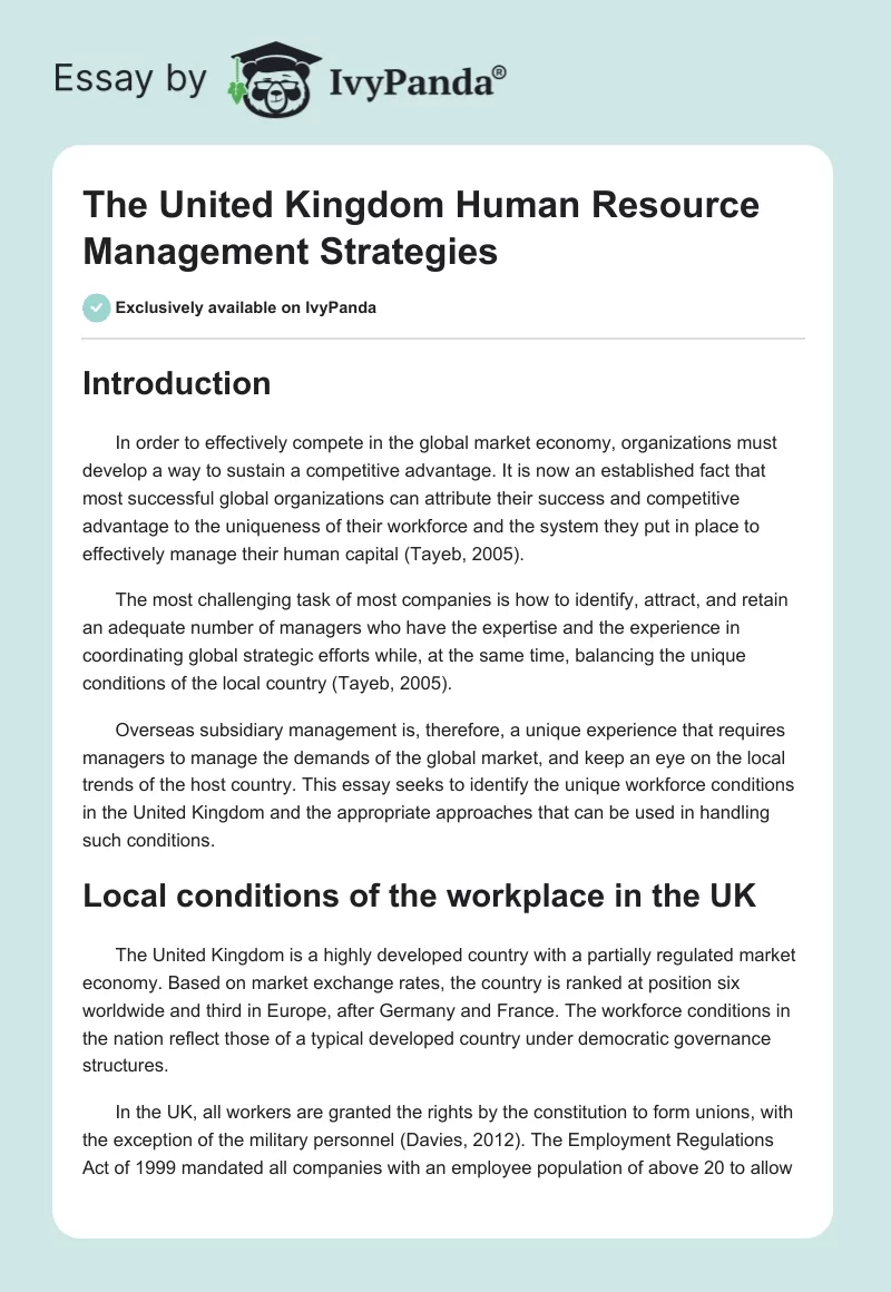 The United Kingdom Human Resource Management Strategies. Page 1