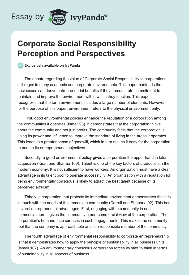 Corporate Social Responsibility Perception and Perspectives. Page 1
