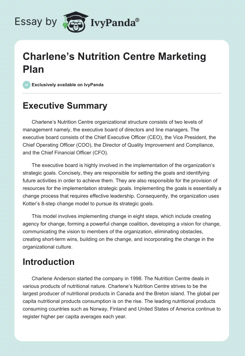 Charlene’s Nutrition Centre Marketing Plan. Page 1