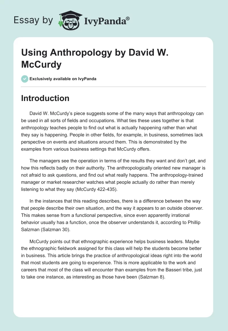 "Using Anthropology" by David W. McCurdy. Page 1