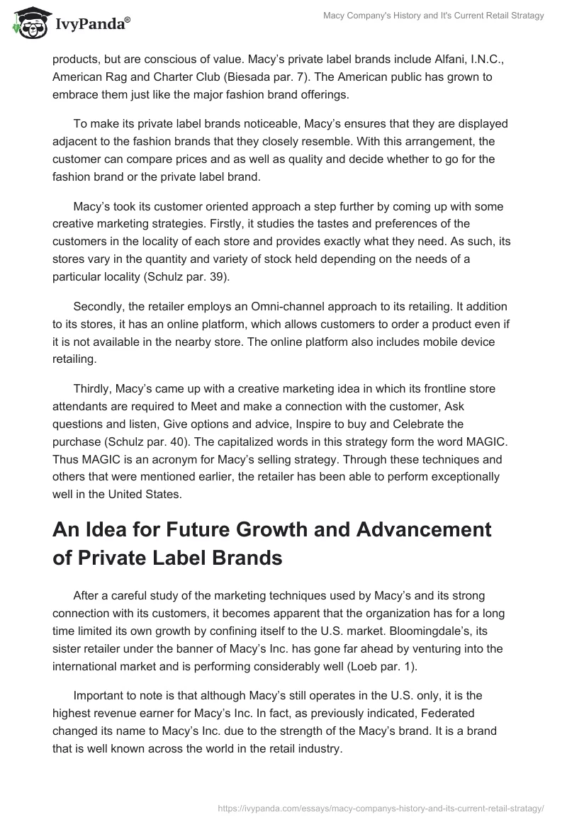 Macy Company's History and It's Current Retail Stratagy. Page 5
