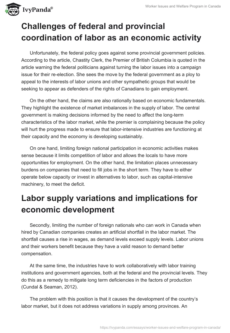 Worker Issues and Welfare Program in Canada. Page 2