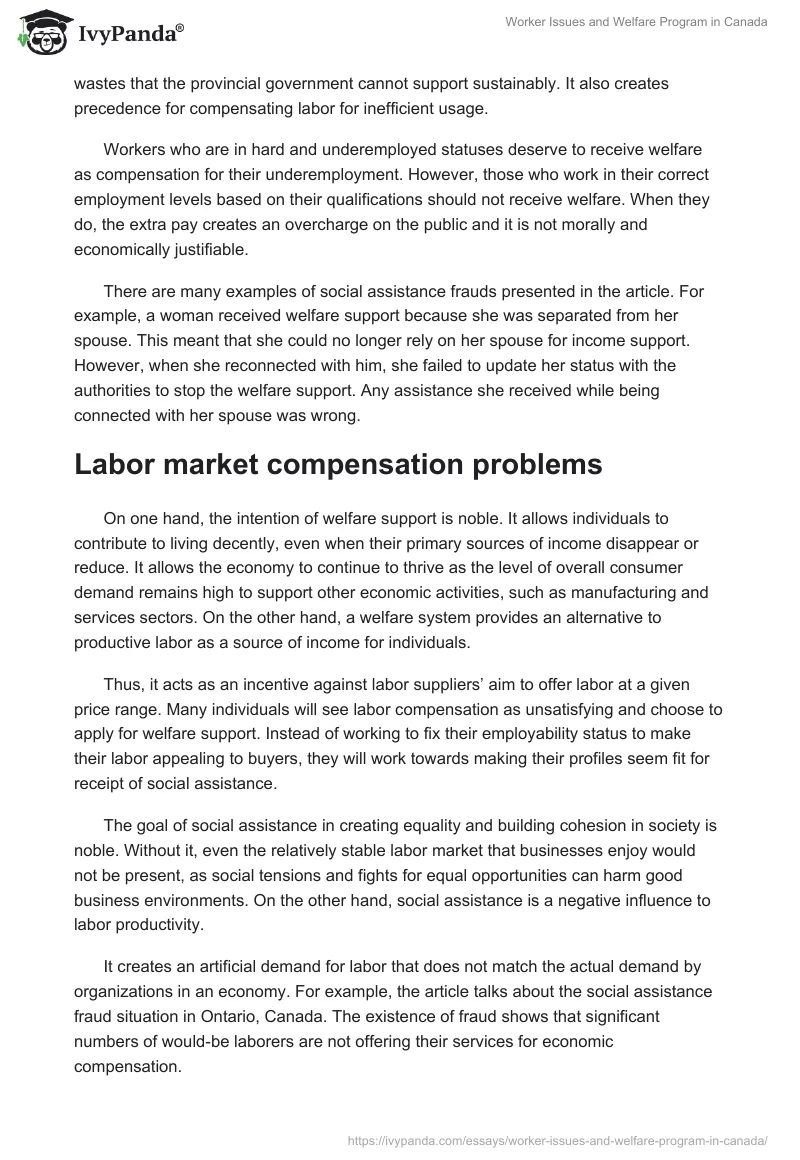 Worker Issues and Welfare Program in Canada. Page 4