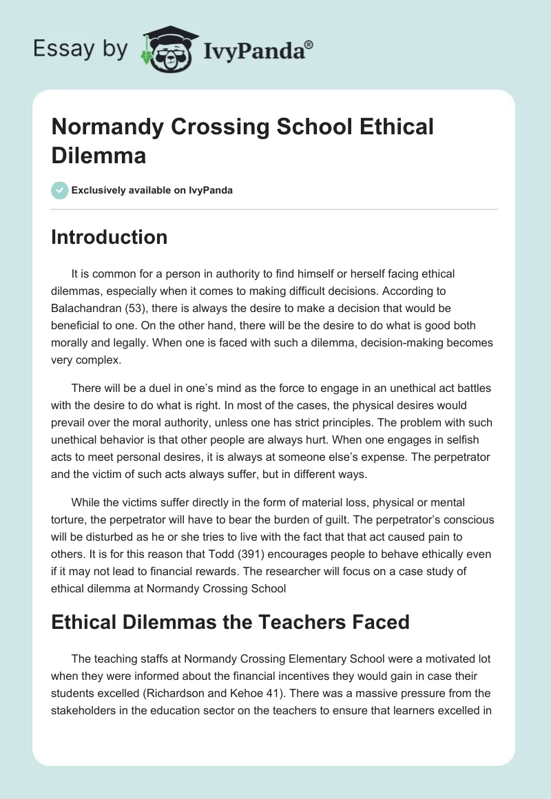 Normandy Crossing School Ethical Dilemma. Page 1