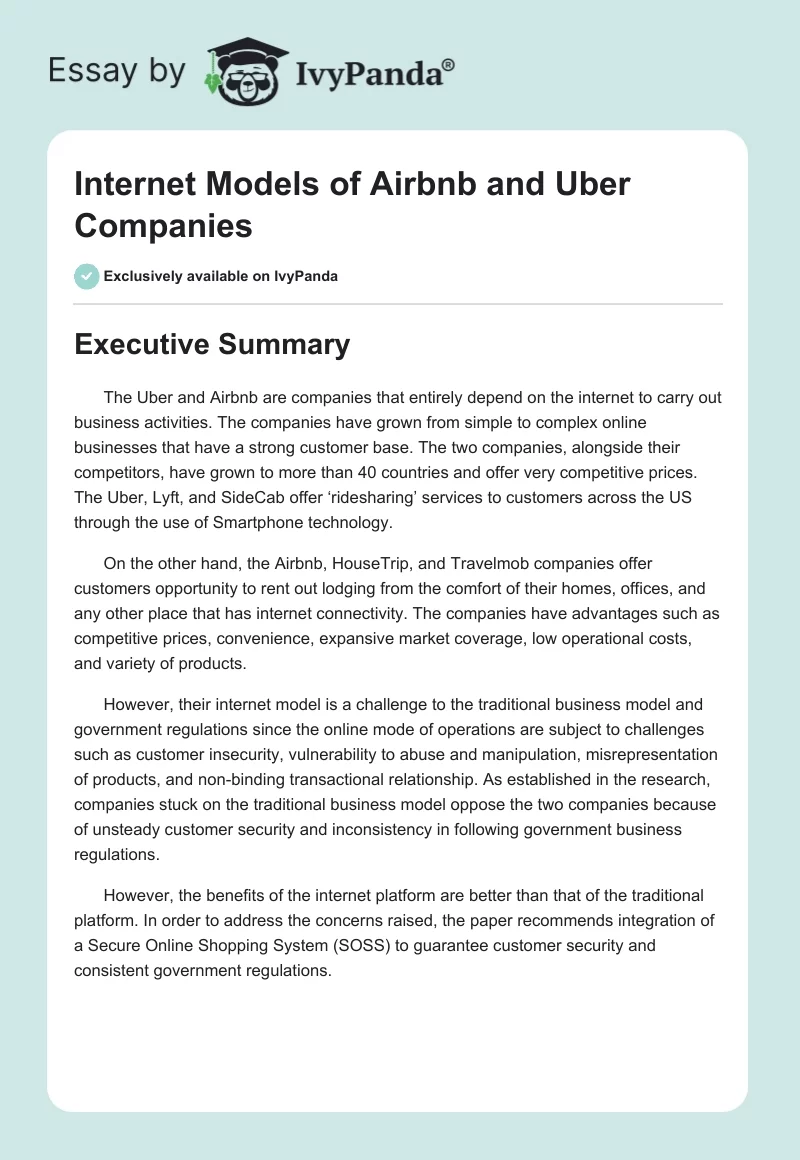 Internet Models of Airbnb and Uber Companies. Page 1