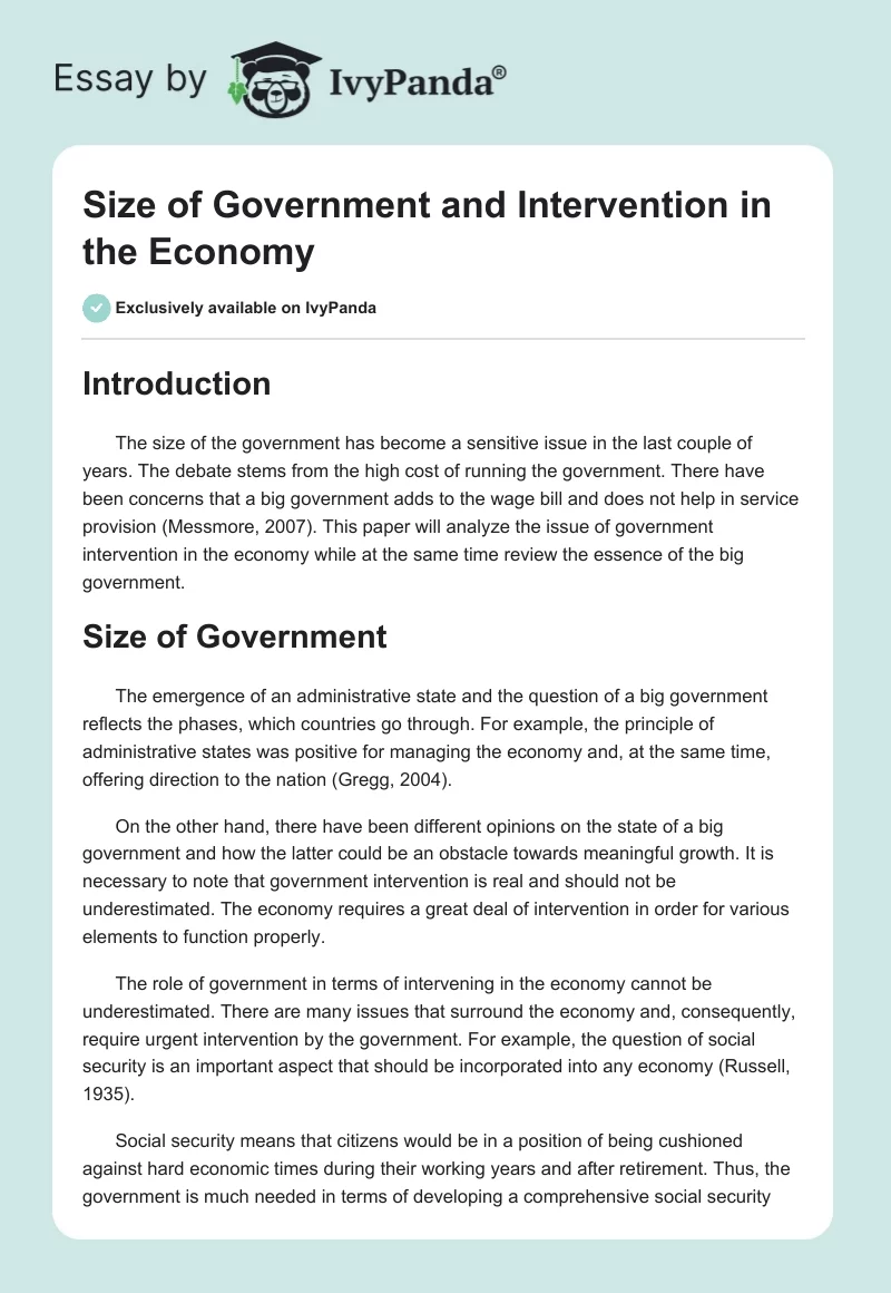 Size of Government and Intervention in the Economy. Page 1