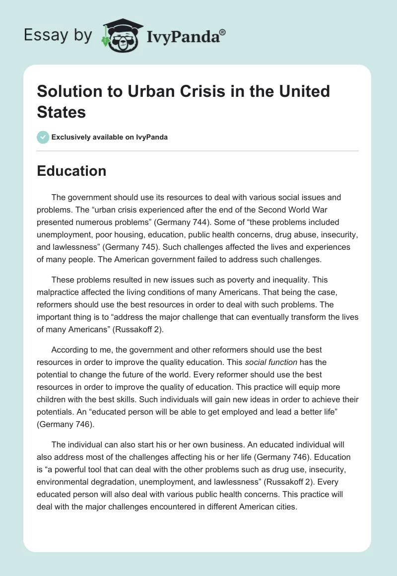 Solution to Urban Crisis in the United States. Page 1