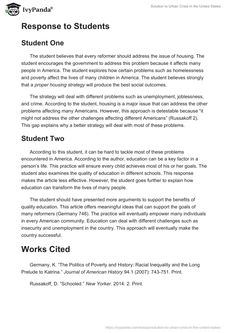 Solution to Urban Crisis in the United States. Page 2